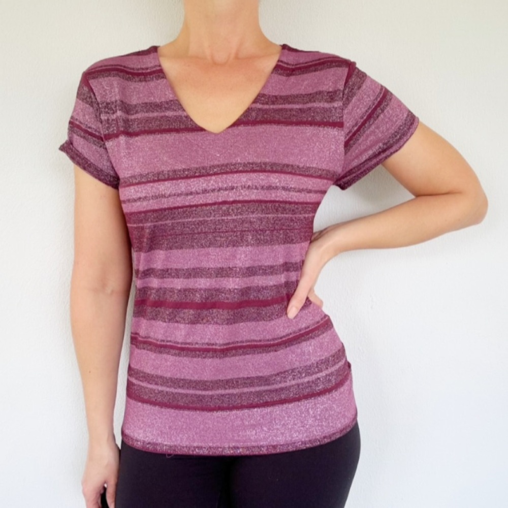 Coldwater Creek purple metallic silver stripe print short sleeve tee medium